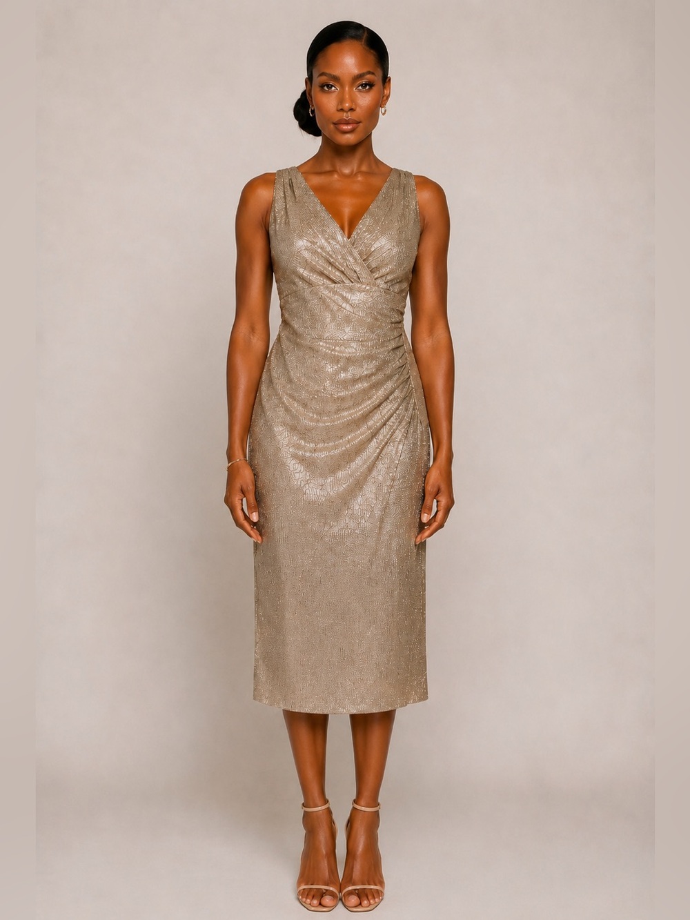 Lauren Ralph Lauren Gold Metallic V-Neck Ruched Sheath Dress Size 4
